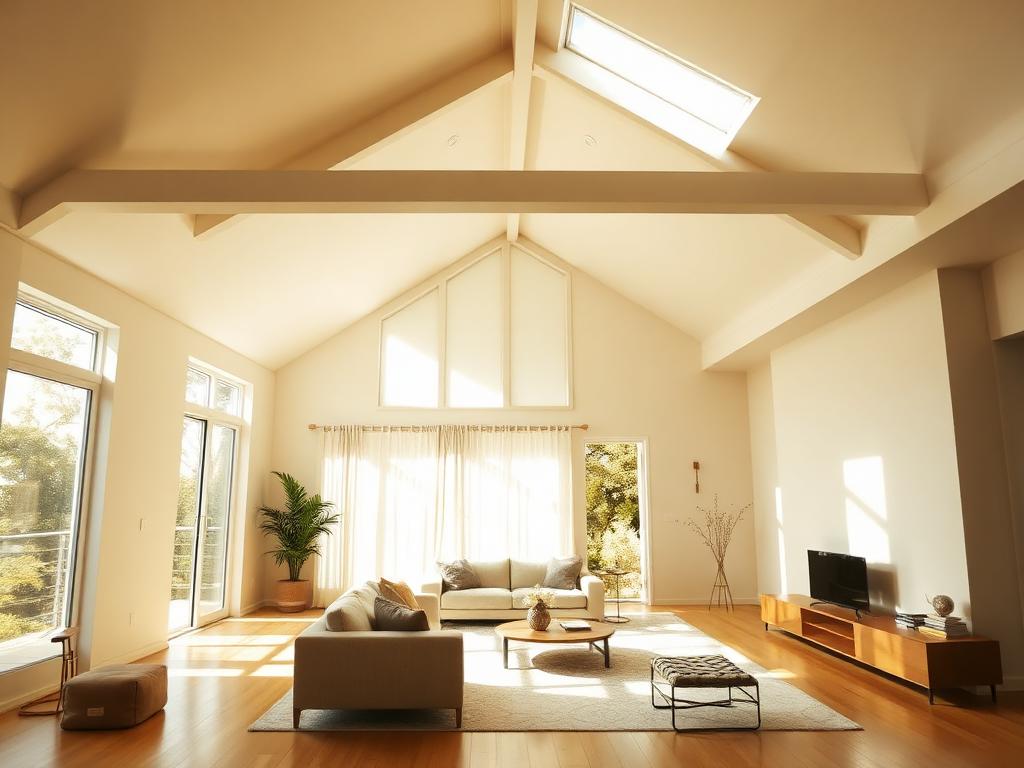 Warm, sunlight-filled modern Australian living room with clean ceiling lines